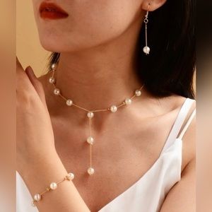 4 pcs Faux Pearl Necklace Bracelet Earrings Set Golden